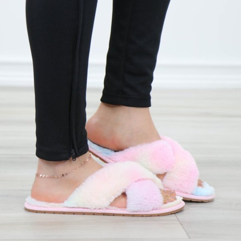 Tie Dye Fuzzy Plush Criss Cross Sandal Sliders - Picture 16 of 16